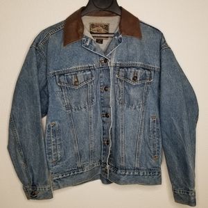 Denim jacket with leather collar